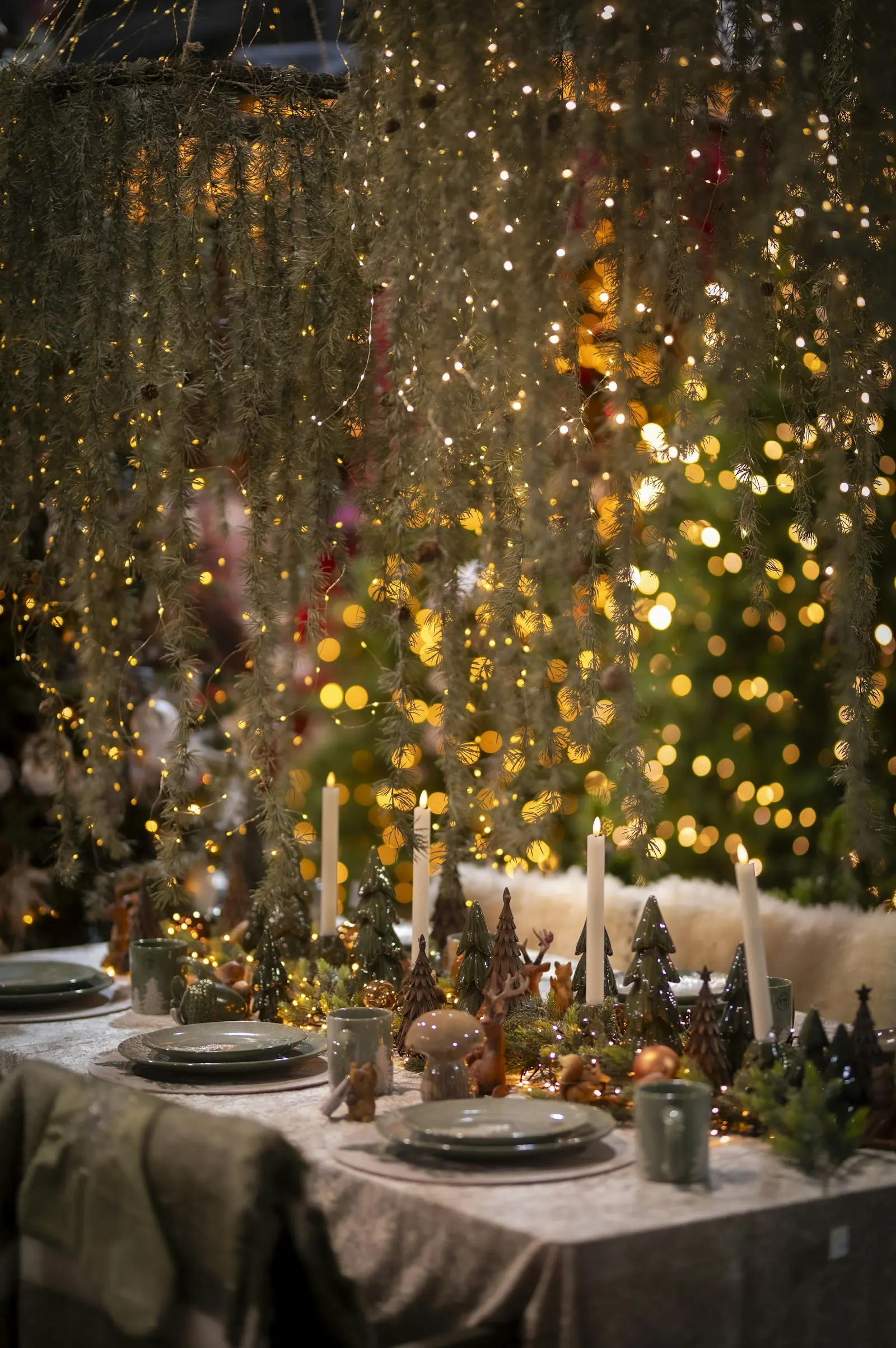 Christmas party dinner table with fairy lights